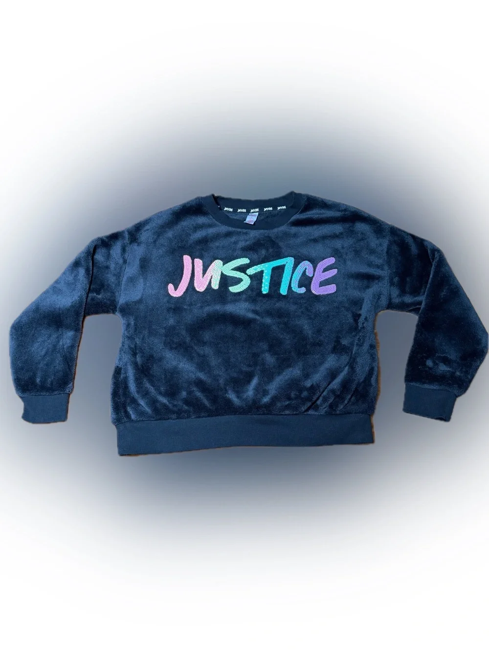 Justice Black Plush Crewneck Sweatshirt with Pink Teal Purple Logo